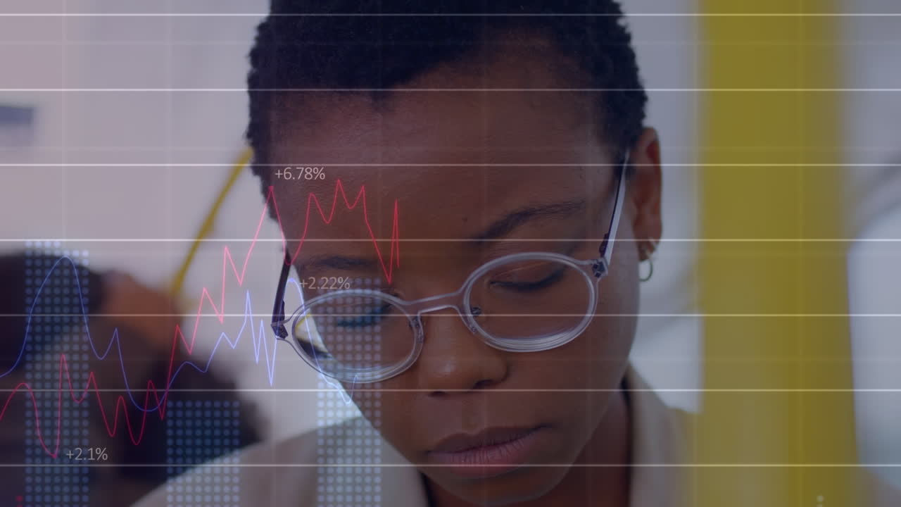 Animation of financial data and graphs over african american businesswoman working in office