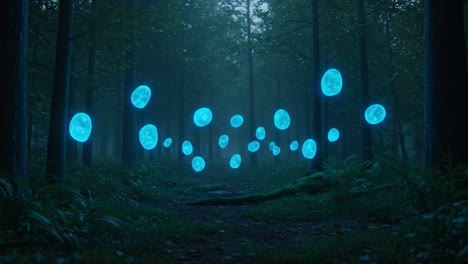 A Mystical Forest Scene with Ethereal Blue Orbs Floating Above a Path, Surrounded by Lush Greenery and Dim Light Filtering Through Tall Trees