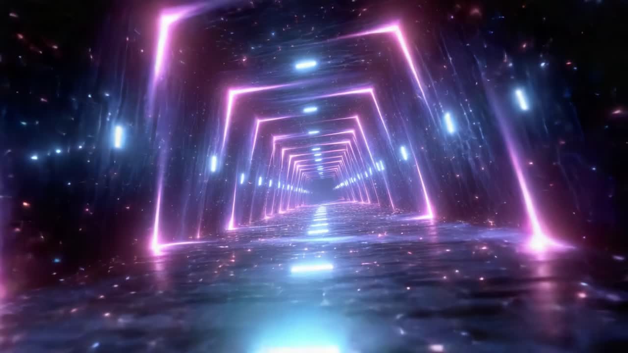 A Futuristic Tunnel of Light: An Immersive Experience with Neon Stripes and Sparkling Particles Leading to the Unknown Beyond