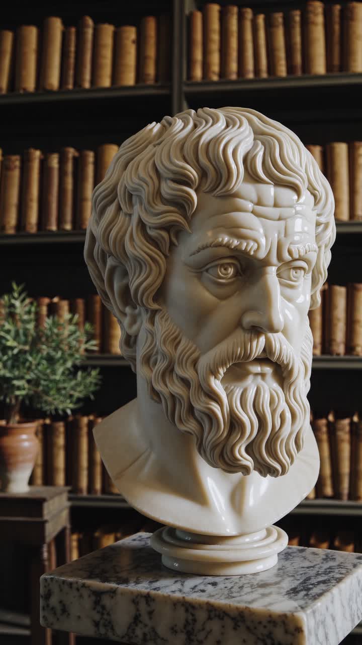 Video en primer plano de un busto de mármol en una biblioteca, capturando detalles intrincados y textura.