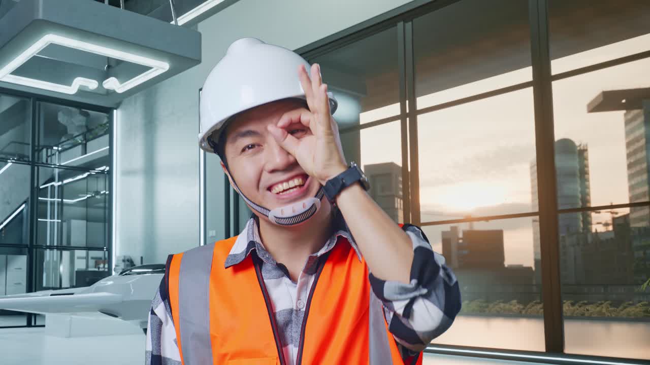 안전 헬을 착용한 아시아 남성 엔지니어의 클로즈업 이 눈 위에 손을 고 드론 프로젝트를 위해 카메라에 미소 짓고 있습니다.