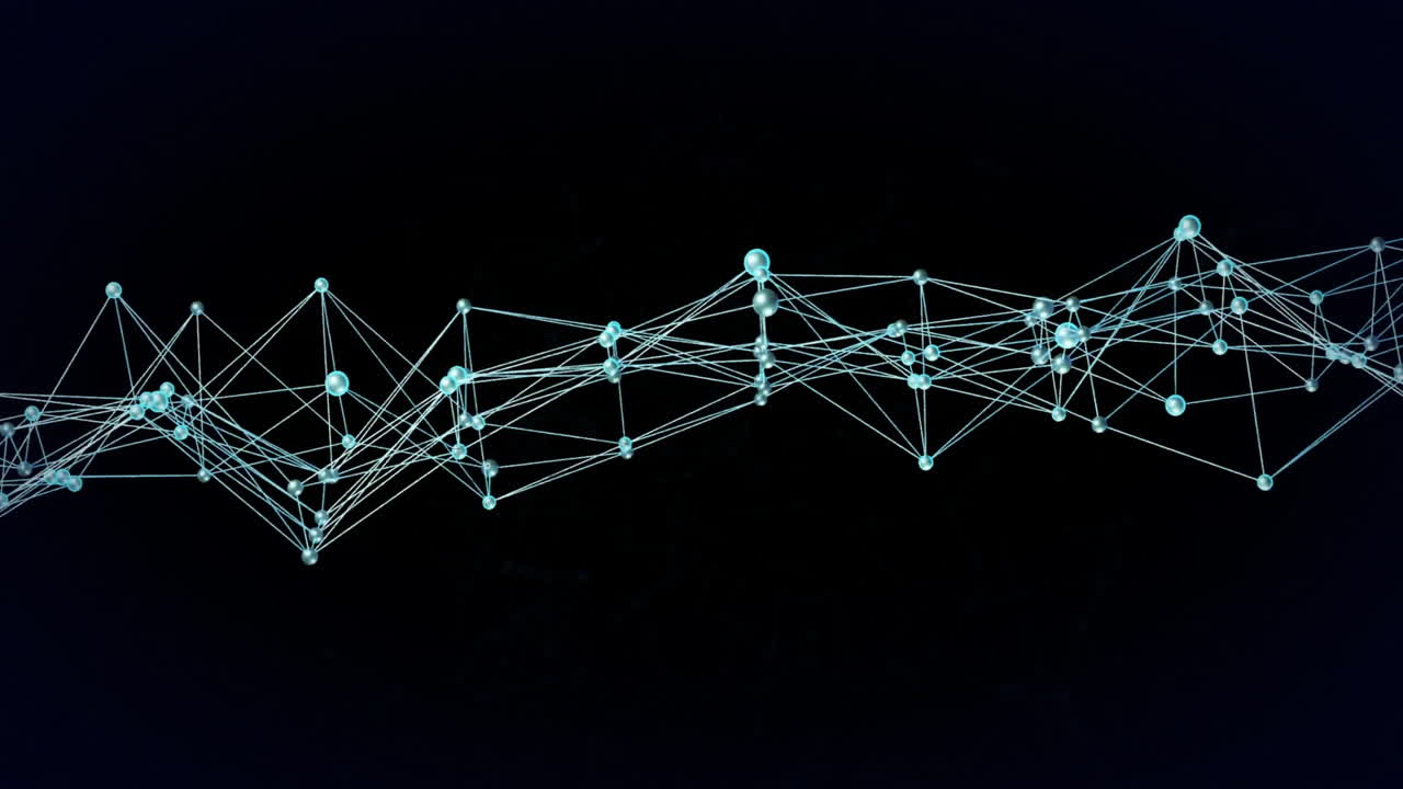 Data processing animation over dark background, network of interconnected nodes and lines