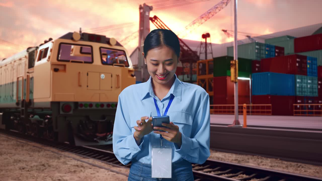 Asian Female With Her Smarphone With Freight Cargo Train At Port, Work Continuously On Her Device