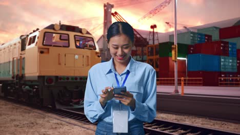 asian female with her smarphone with freight cargo train at port, work continuously on her device