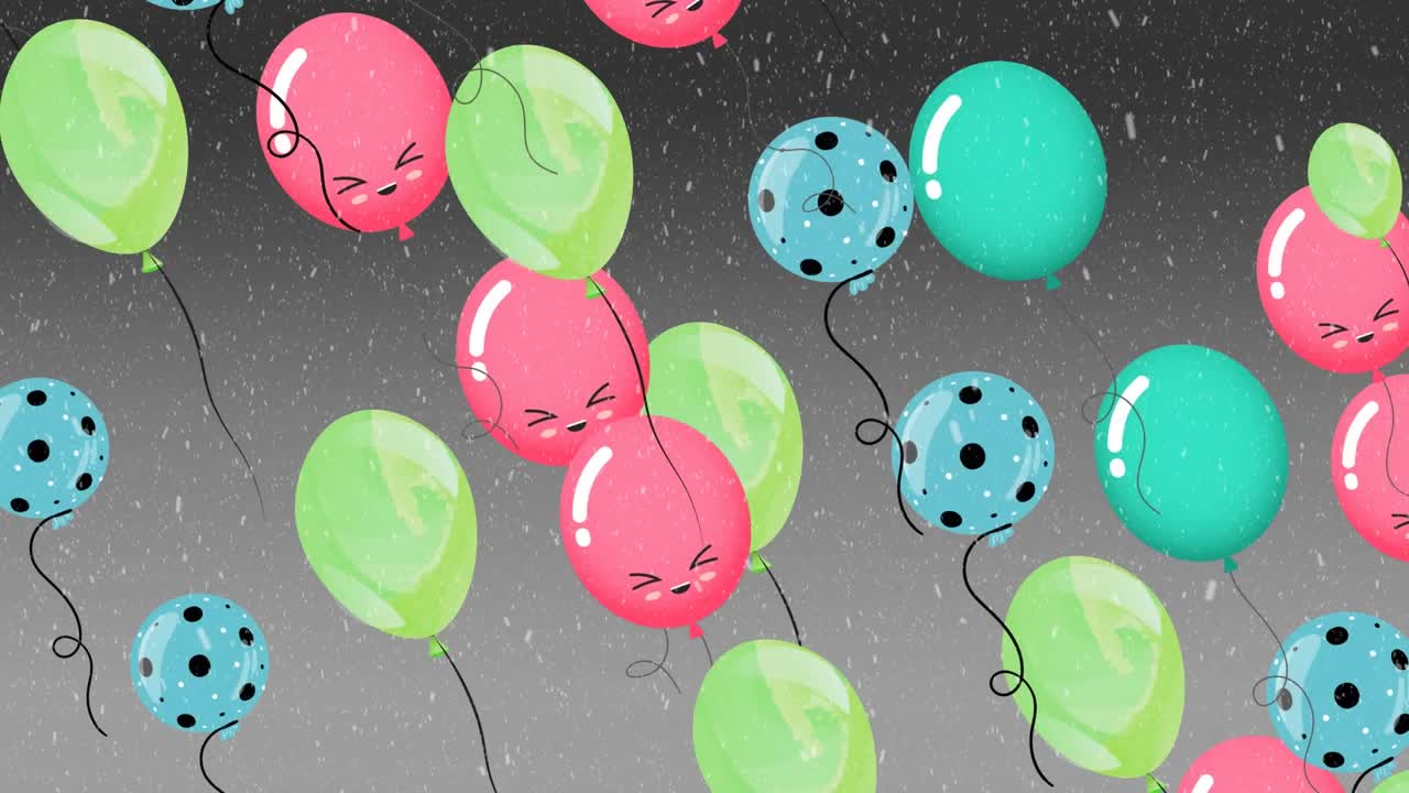 Animazione di palloncini che volano su neve che cade su sfondo grigio.