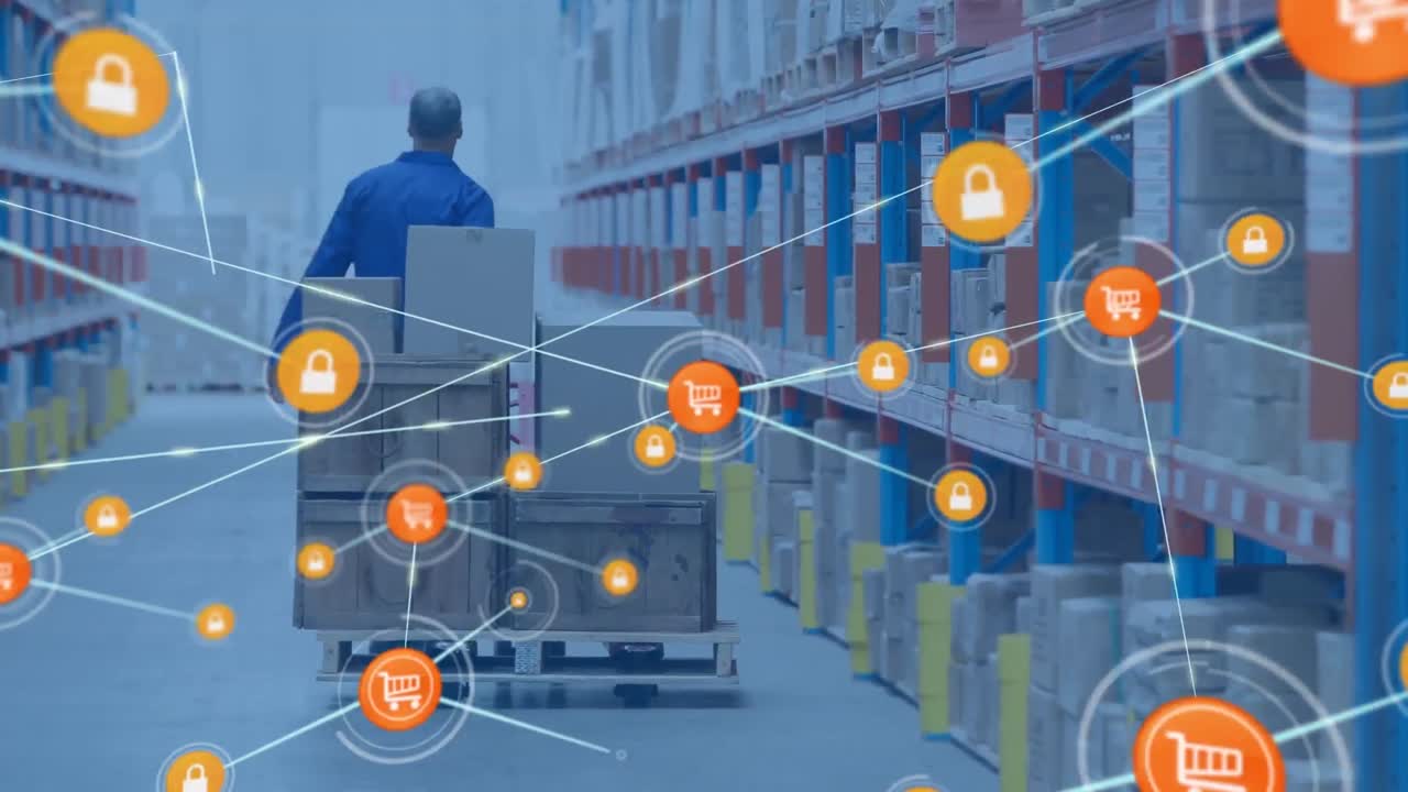 animación de la red de conexiones con iconos sobre el hombre que trabaja en el almacén