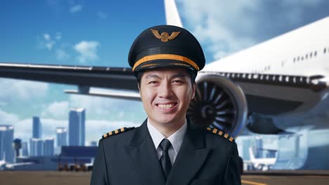 배경 에 비행기 와 함께 공항 에서 카메라 에 서서 미소 짓는 아시아 사람 조종사 의 근접