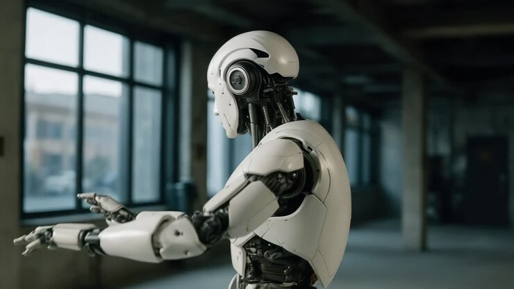Un robot futuristico in una stanza in penombra, ripreso da un'angolazione laterale
