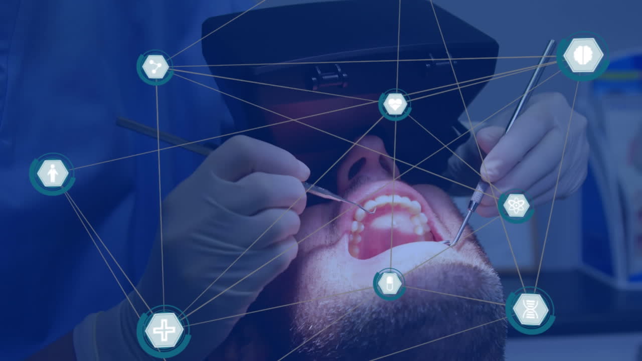 animação de redes de conexões com ícones sobre menina na cadeira do dentista