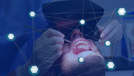 animation of networks of connections with icons over girl in dentist chair