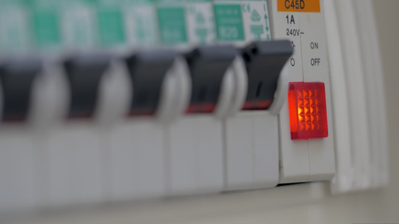 여성이 자동 회로 끊기기의 버튼을 손으로 렀습니다.