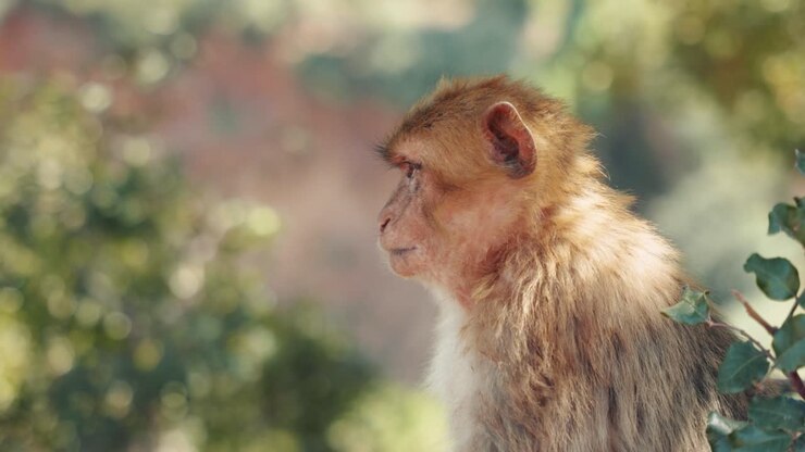 Monkey sitting between tree leaves looking around and at the camera in Ozoud, Morocco