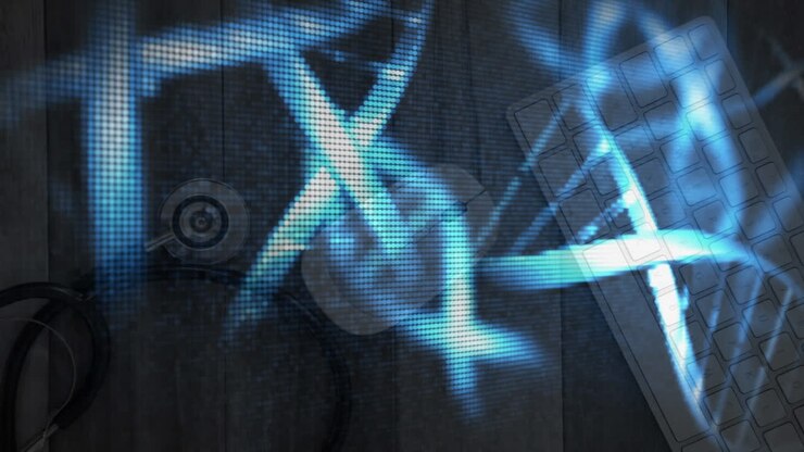Animation of dna strands spinning over laptop and stethoscope on wooden background