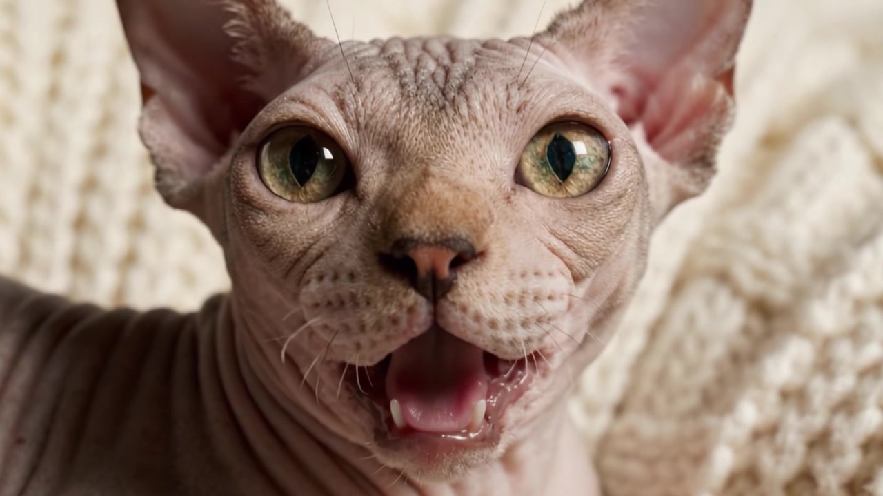 Um Close-up Cativante de um Gato Sphynx Expressando Surpresa e Emoção com Características Distintas e Expressões Únicas em Retratos Emoldurados.