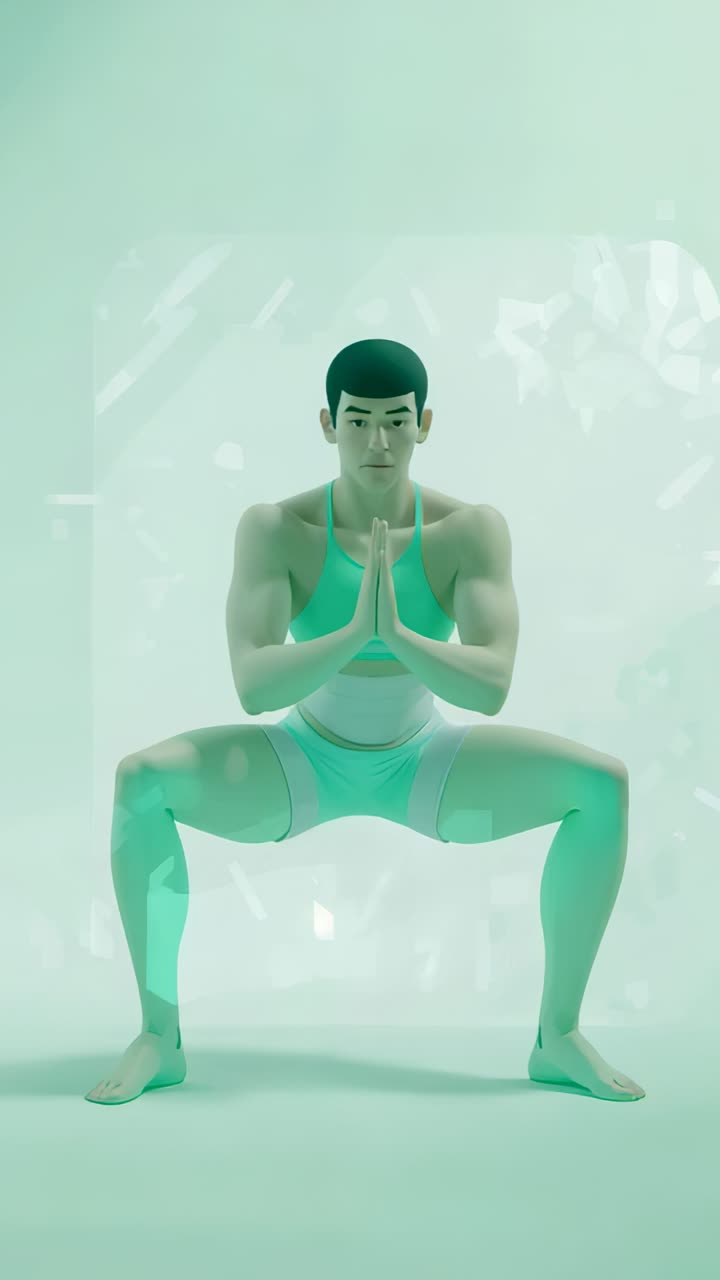 Video verticale: uomo in studio color menta che esegue uno squat, pannello illuminato, abbigliamento color ottanio per mantenere l'equilibrio