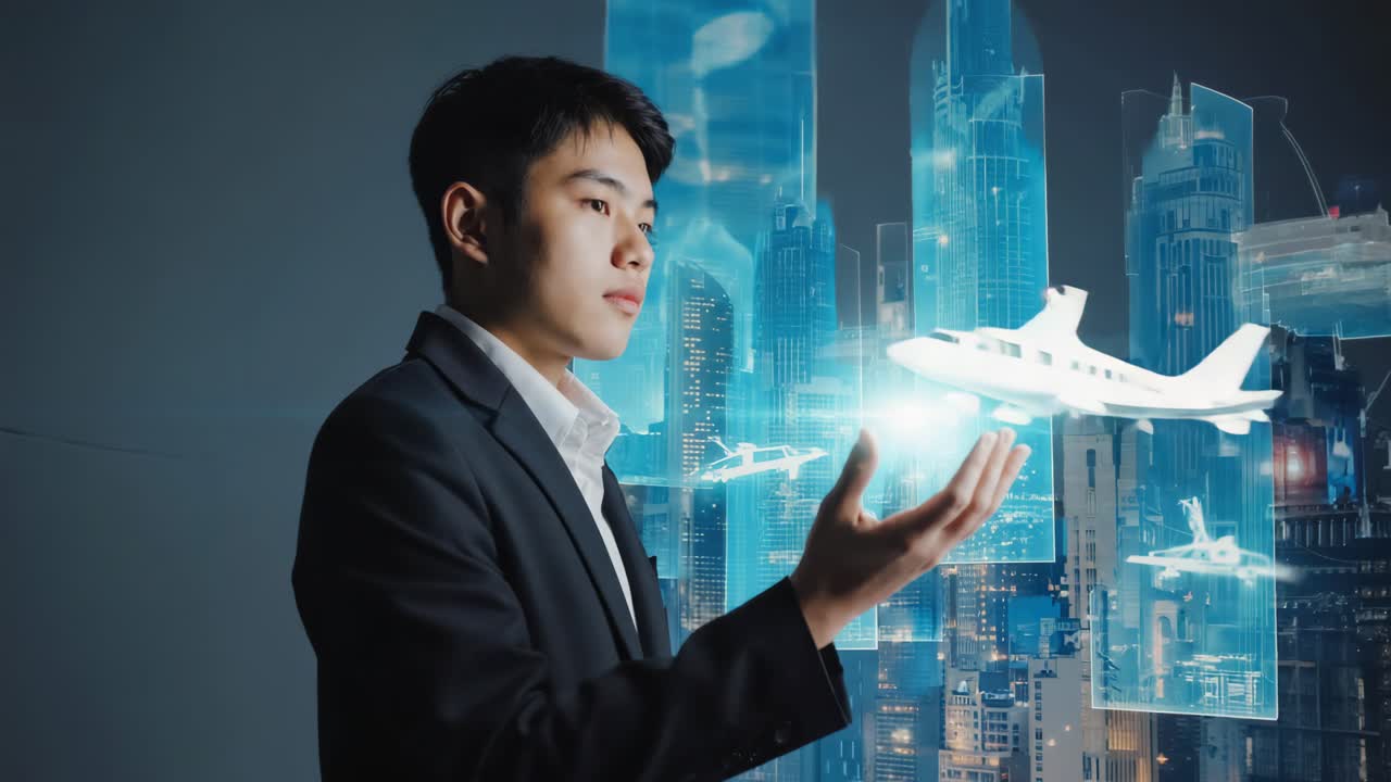Businessman using holographic technology to control airplane