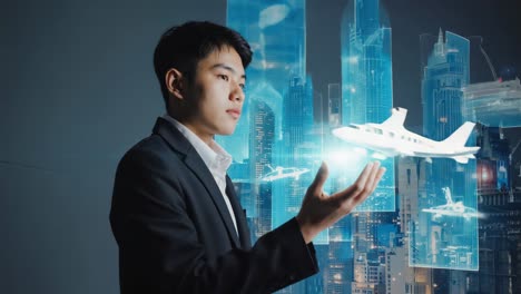 businessman using holographic technology to control airplane