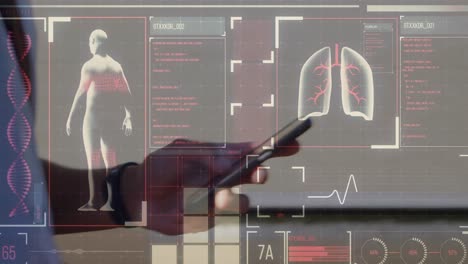 interfaz digital con procesamiento de datos médicos contra la sección media del médico que usa un teléfono inteligente