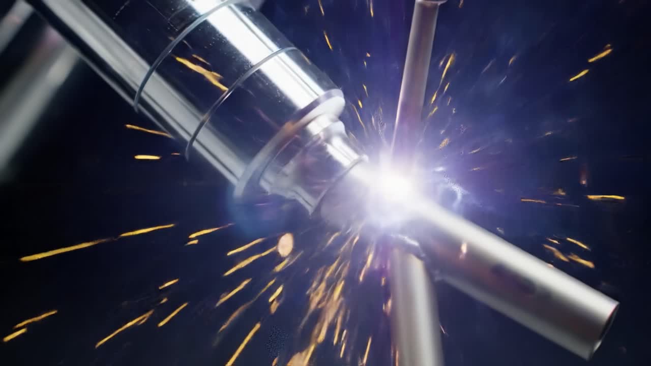 Dynamic Sparks Erupt as Metal Tubing is Welded Together, Demonstrating the Intensity and Precision of Welding Techniques in Industrial Fabrication