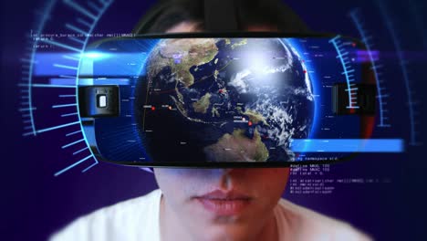 young man wearing vr headset and experiencing virtual reality. seamless loop.