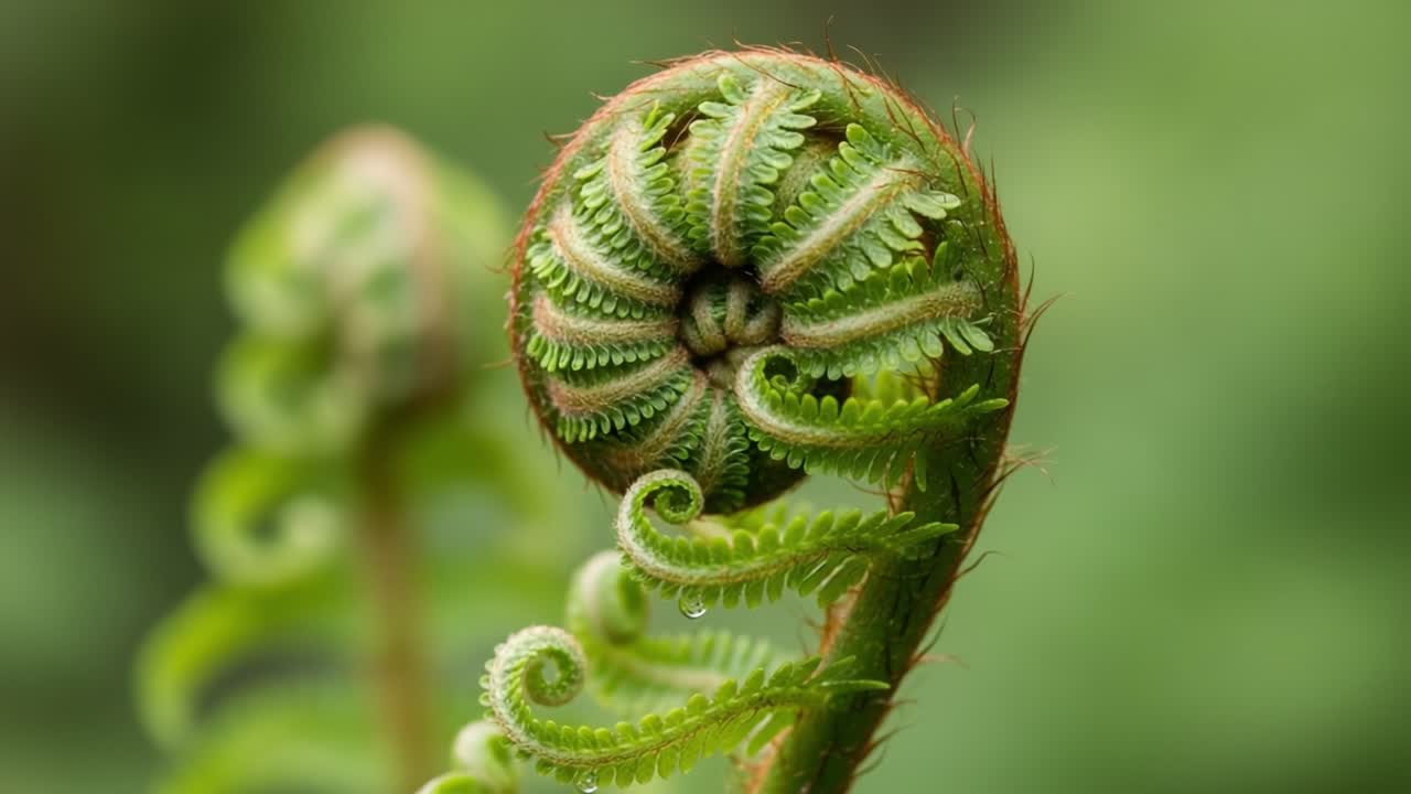 Captivating Close-Up of a Green Fern Frond Unraveling in Nature, Showcasing Intricate Spirals and Natural Patterns in a Lush Forest Environment
