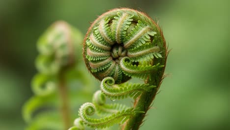 captivating close-up of a green fern frond unraveling in nature, showcasing intricate spirals and natural patterns in a lush forest environment