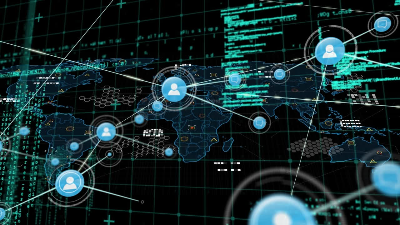 animación de iconos conectados y lenguaje de programación en el mapa contra un fondo negro.