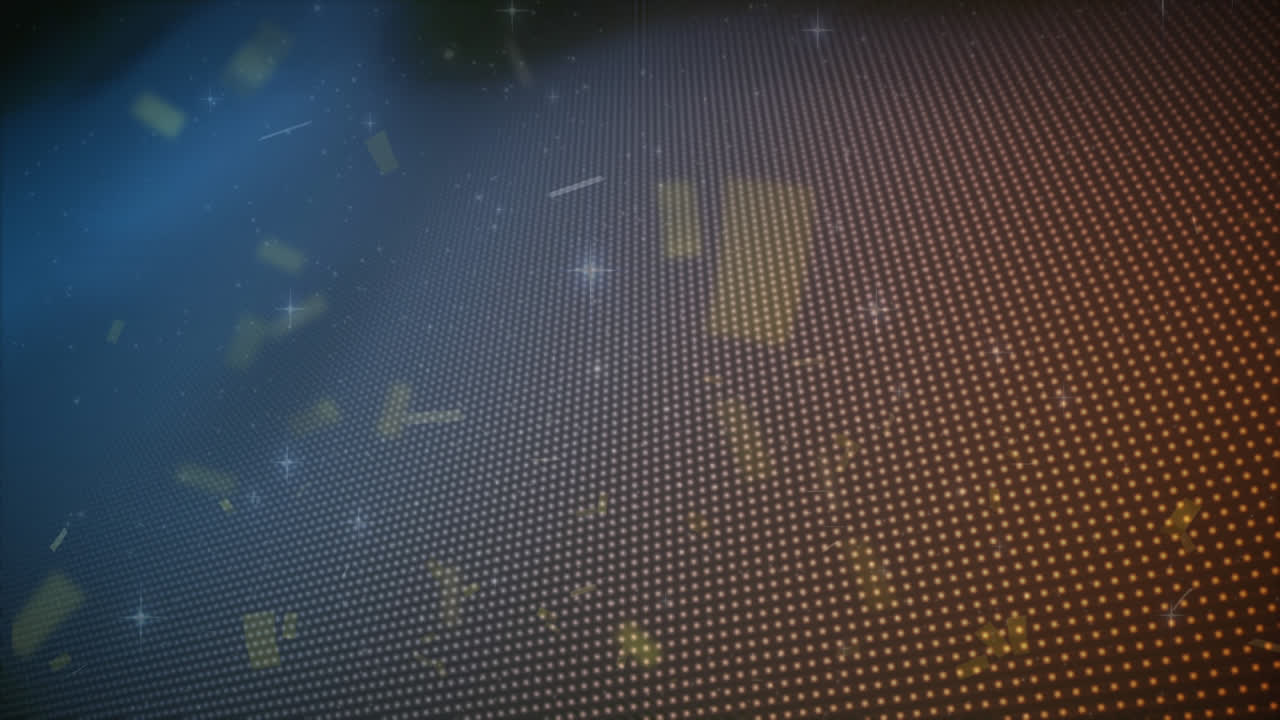 Animation of confetti and stars over red dots on black background