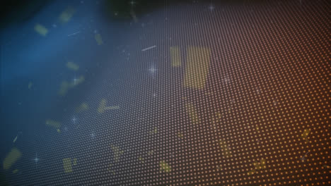 animation of confetti and stars over red dots on black background