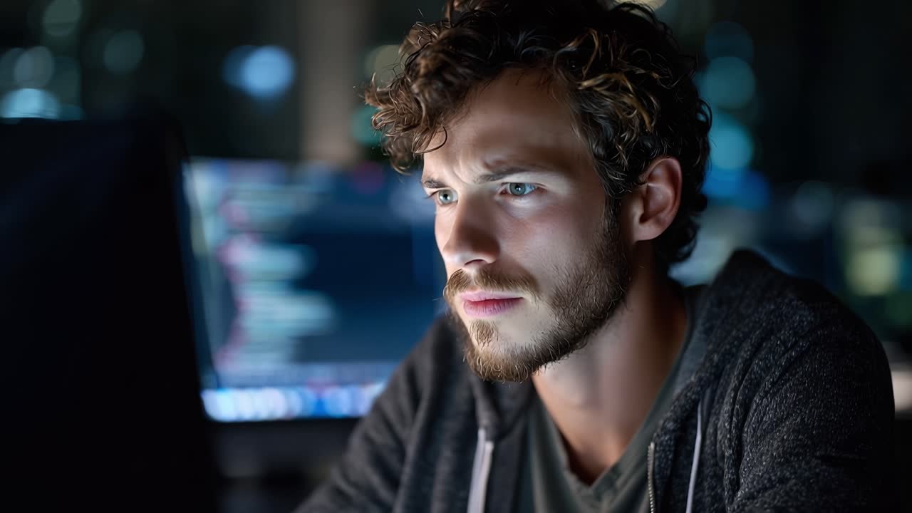 Giovane uomo concentrato e profondamente assorto nella programmazione, circondato da schermi scarsamente illuminati che mostrano linguaggi di programmazione e dati, esemplificando un ambiente tecnologico