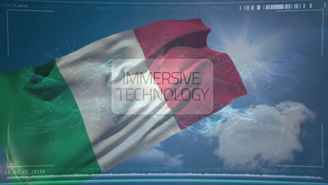 italian flag waving with immersive technology text over digital network animation
