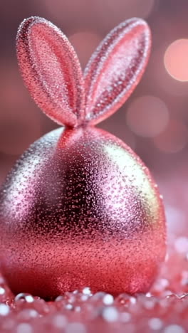 pink bunny on shiny surface. a shiny pink bunny figure with glittery ears sits among scattered beads, creating a festive atmosphere for celebrations.