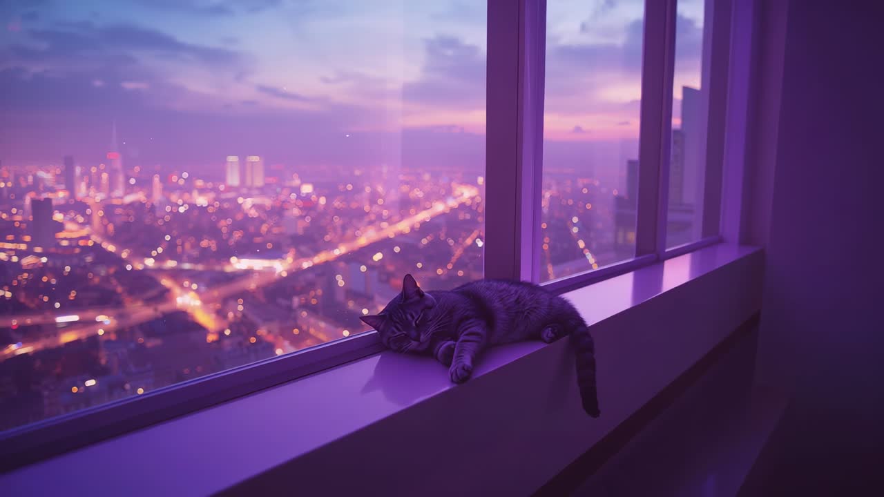 Camera zooming on sleeping tabby cat twitching paw on sill at dusk highlighting fur against skyline