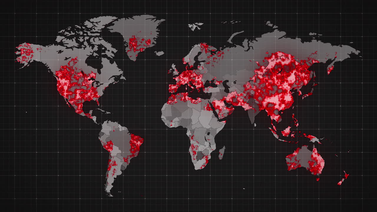 animación del mapa del mundo y los países se vuelven rojos a través de círculos en un fondo oscuro