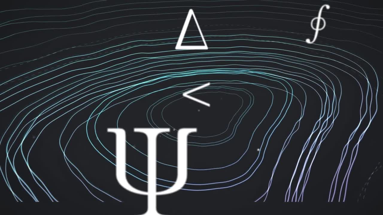 검은 바탕에 토포그래피 위에 여러 가지 수학적 기호