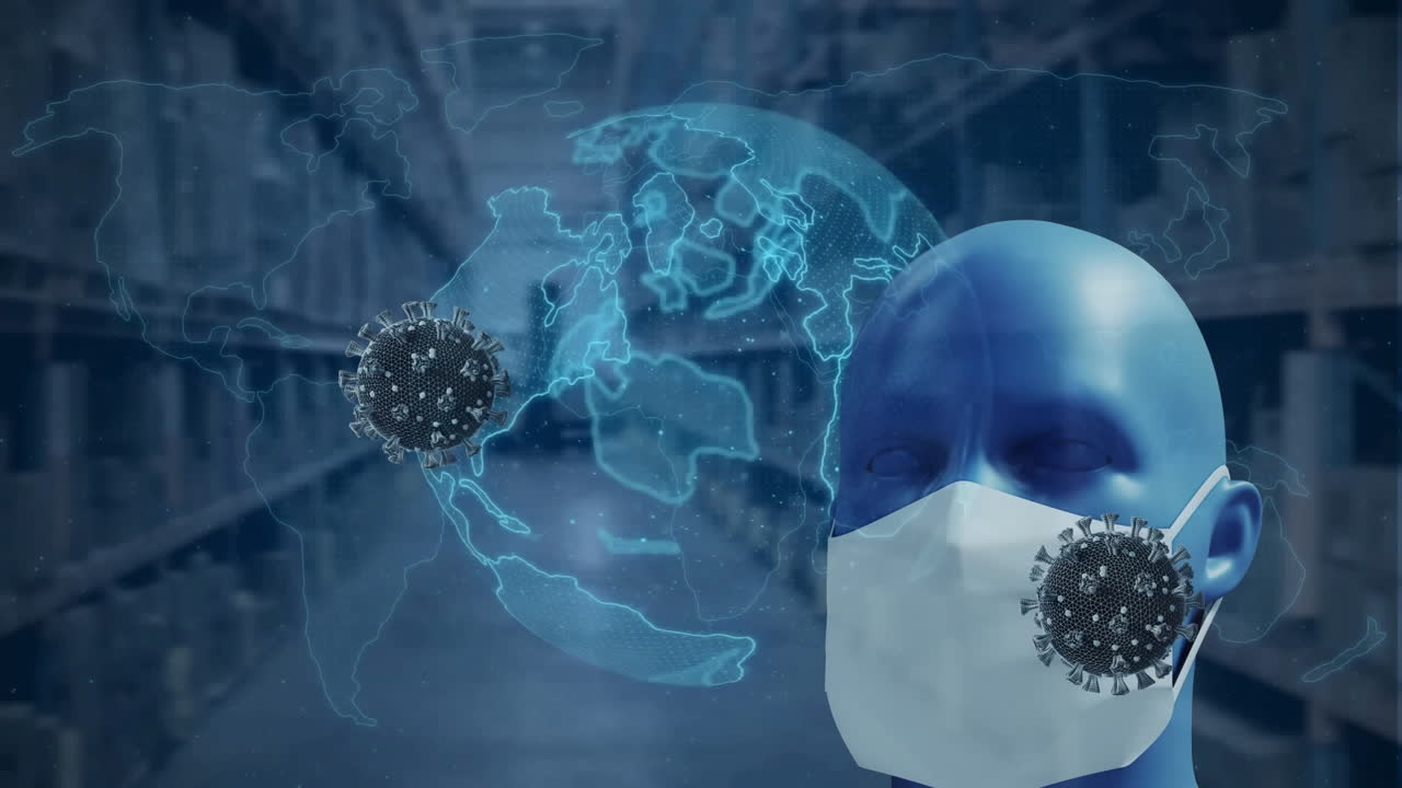 animação de globo sobre modelo humano usando máscara facial.