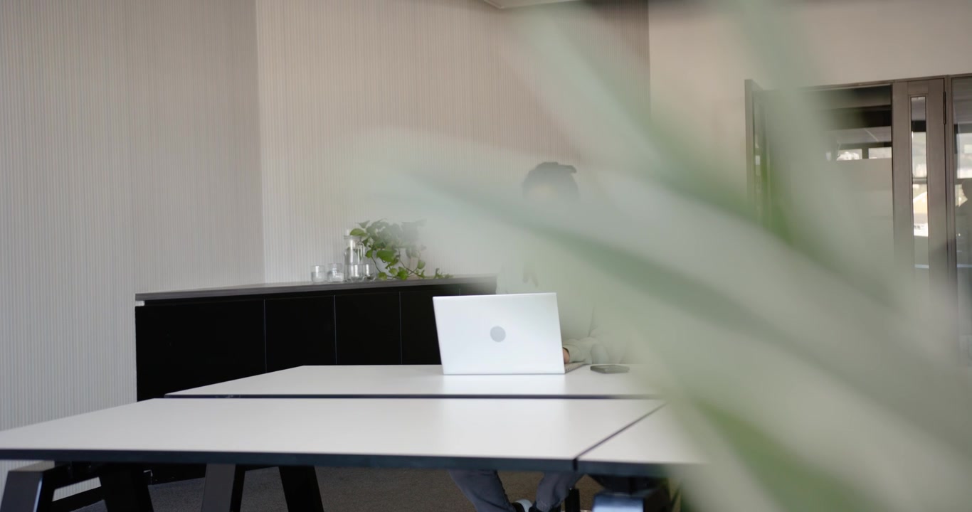 Nonbinary African American adult working on laptop in office as plant swaying revealing speaker