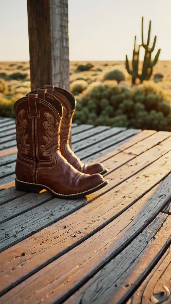 Low-angle shot of cowboy boots on a wooden porch at sunset, capturing a rustic, Western vibe