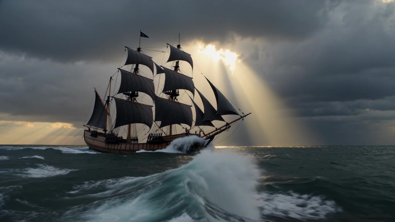 Velero de tres mástiles con velas hinchadas impulsadas por el viento, surcando un mar agitado, con rocío y rayos de sol.