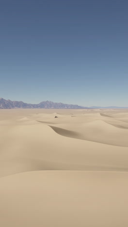 sand dunes in a desert landscape with mountains in the distance