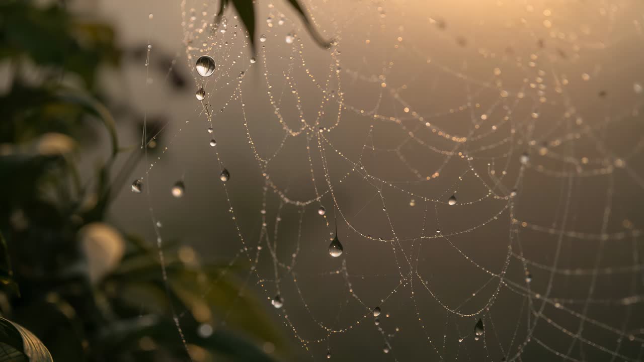Shimmering spider web catching low-angle sunlight at garden edge, dew droplets sparkling