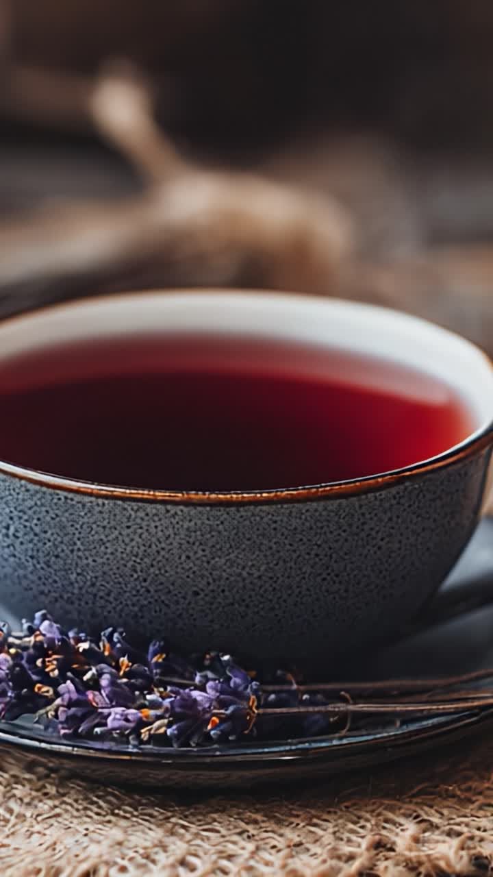 Una Tazza Fumante di Tisana alla Lavanda, Catturando l'Essenza di Comfort e Relax in una Presentazione Artistica