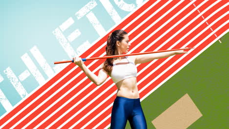 animación de una atleta lanzando una jabalina sobre el texto de atletismo y el estadio