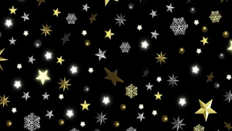 animación de nieve cayendo sobre decoraciones de navidad sobre fondo negro