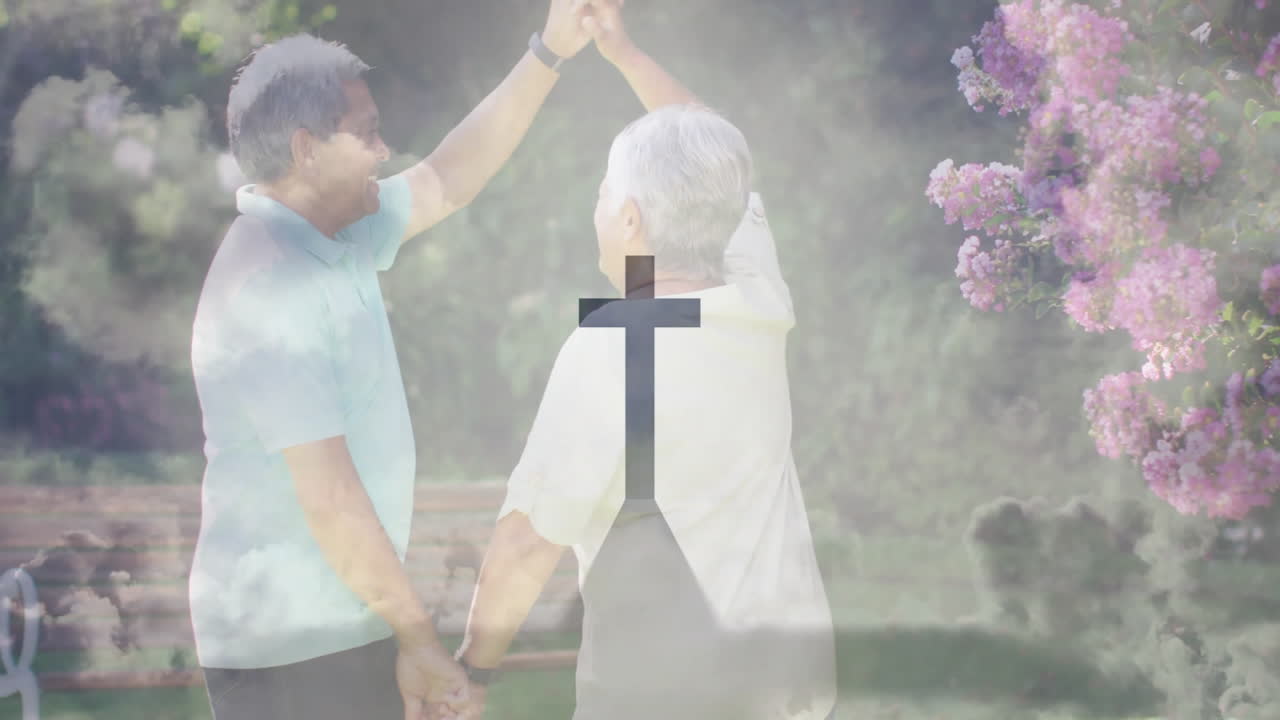 Dancing joyfully, two people in garden with animation and floral background