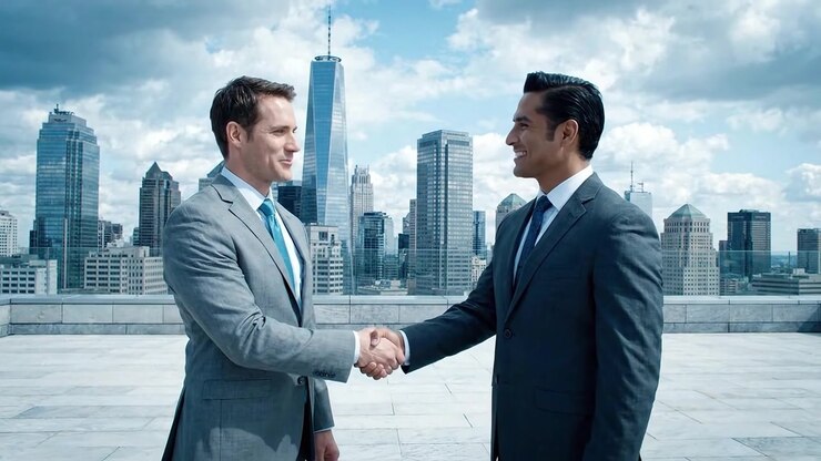 Due professionisti d'affari si stringono la mano con sicurezza su una terrazza panoramica con uno splendido skyline cittadino come sfondo, simboleggiando partnership e collaborazione.