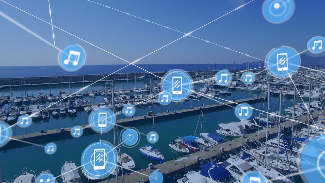 마리나 위의 아이콘으로 연결 네트워크의 애니메이션