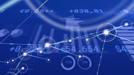 animation of financial data processing over network of connections with icons