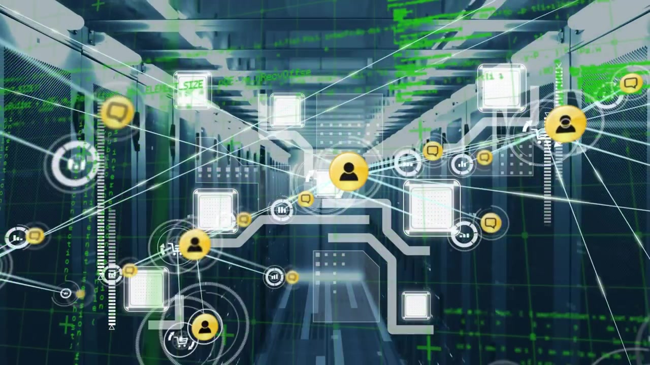 Animation of network of connections with icons and data processing over computer servers