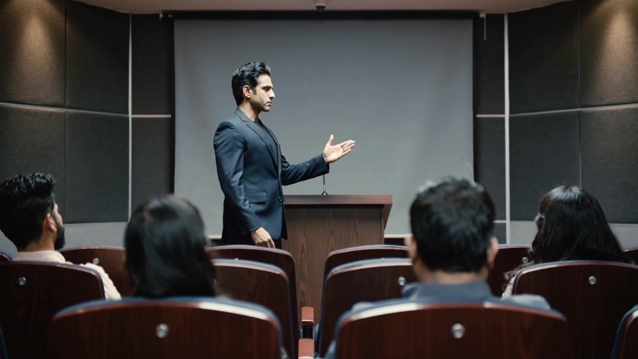 Entering from left man in dark suit walking to podium in screening room gesturing